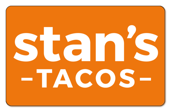 stans tacos white text logo on an orange background